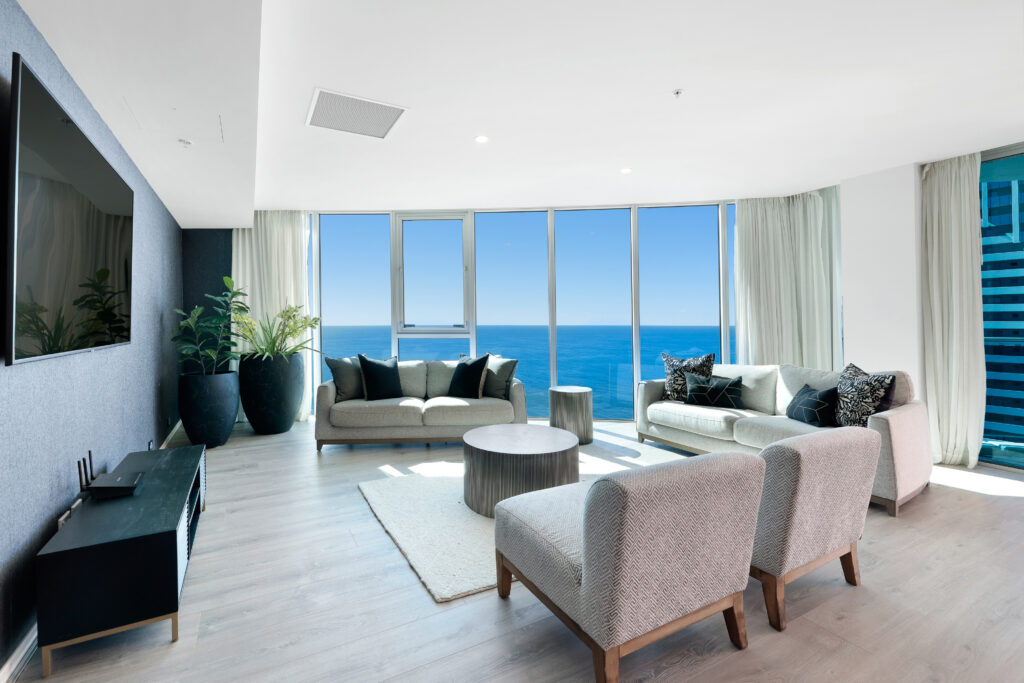 modern living room with ocean view