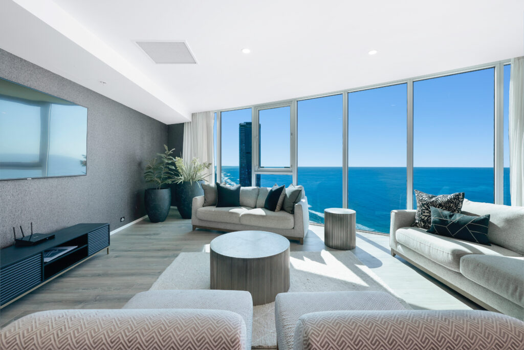 modern living room with ocean view
